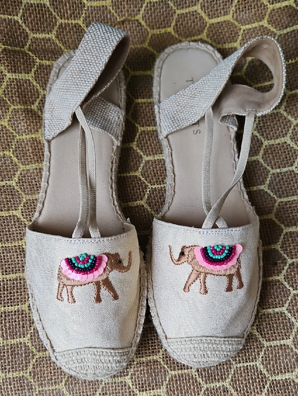 Tabots Ivy Camel Flat Metallic Embroidered Espadrilles